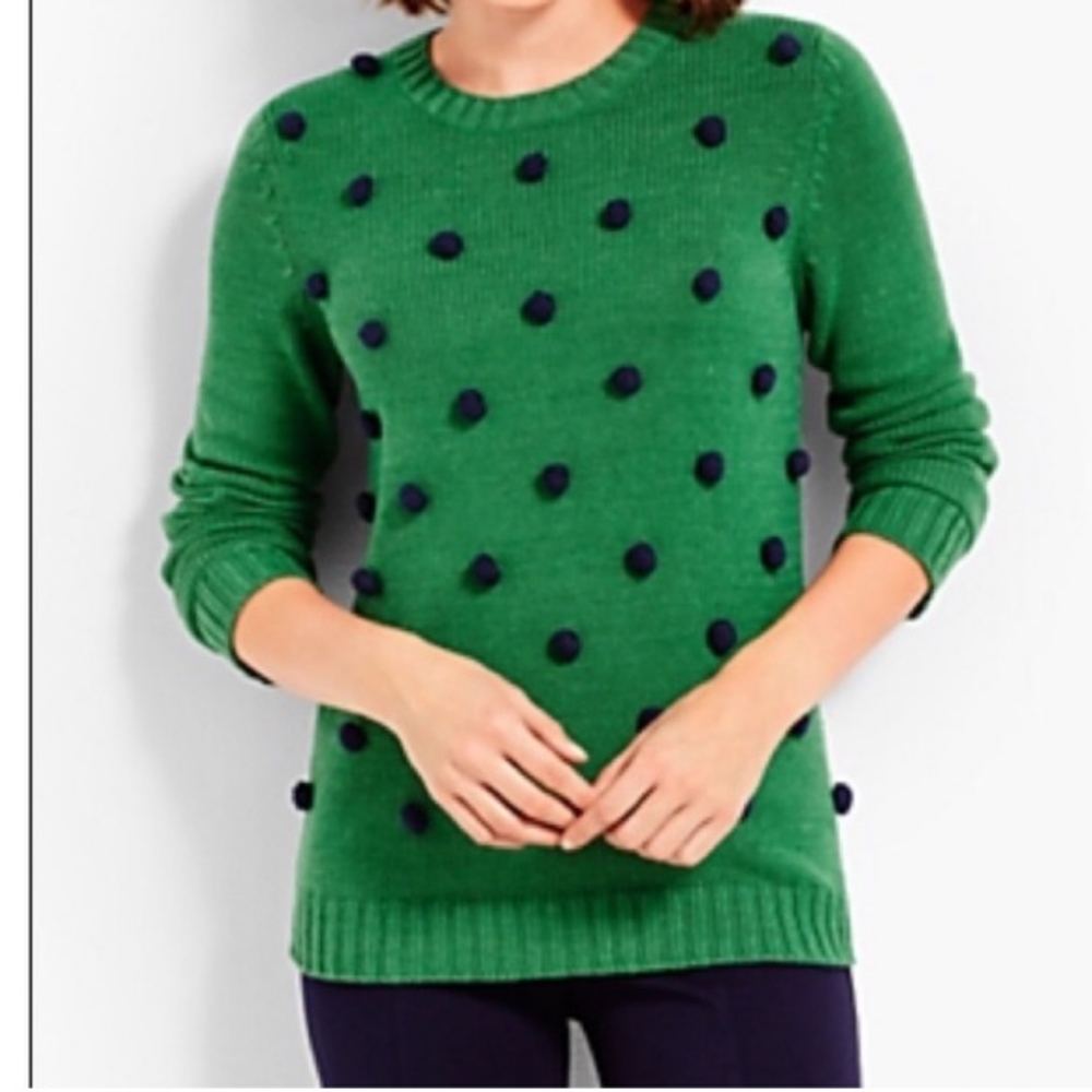 Talbots Green w/Navy Blue Pom Pom Sweater